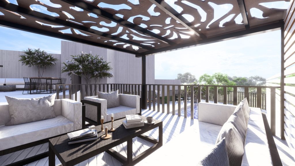 Nedsänkt social yta i soligt läge med pergola i utskuret tak, pool i bakgrunden.